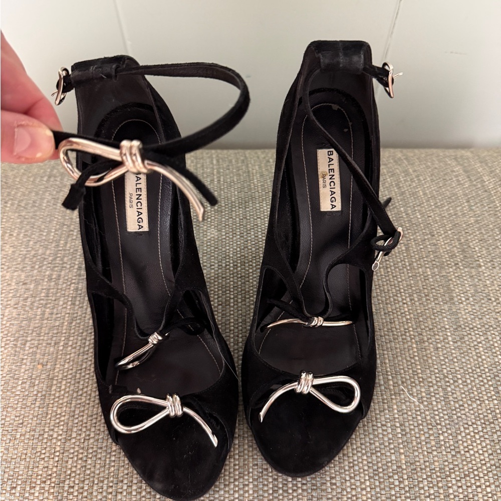 Balenciaga Black Heels with Silver Bow Accents
